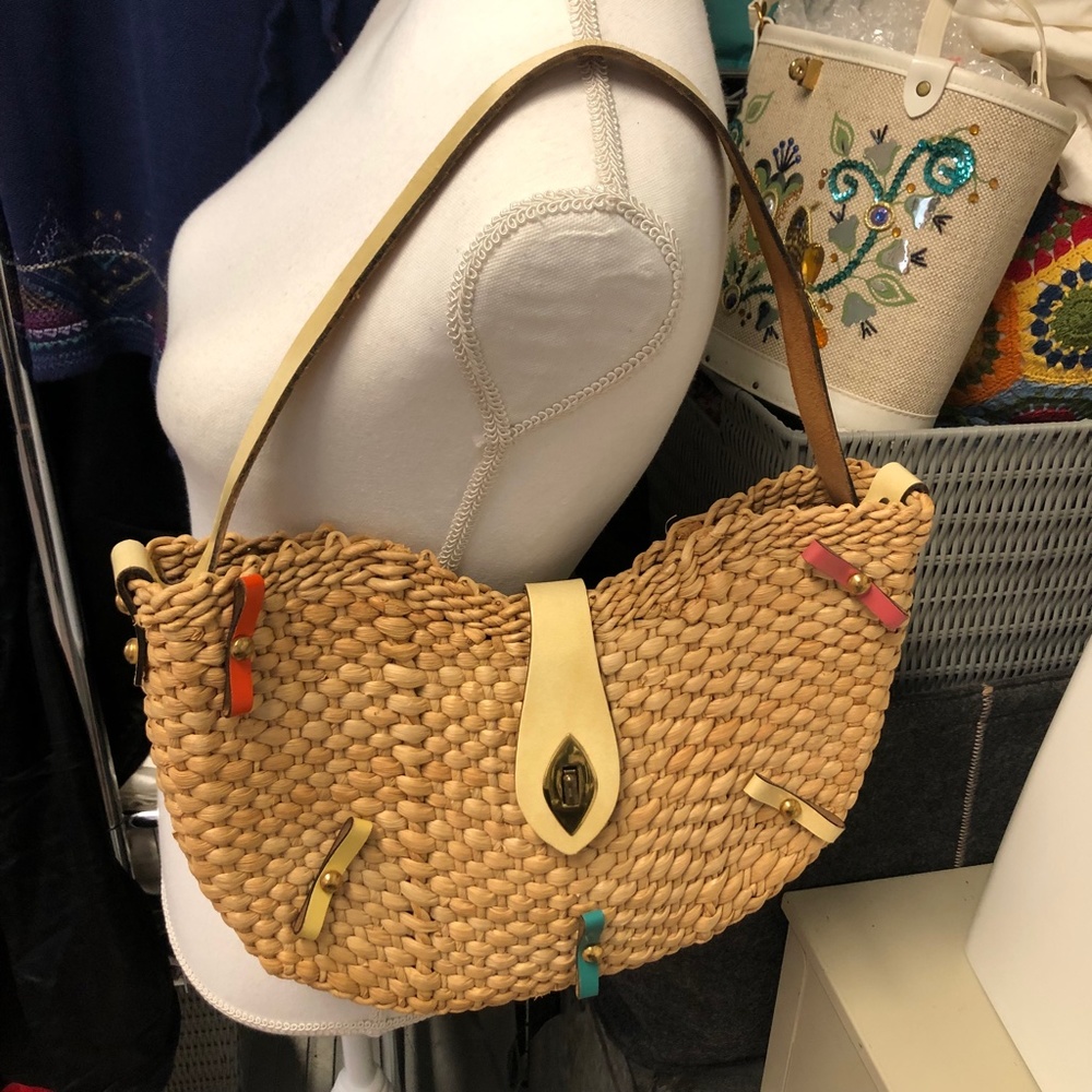Vintage Straw and Leather Handbag Tote